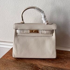 *READ Cream White 28 Pebble Leather Top Handle Bag Satchel Gold Dual Strap S16